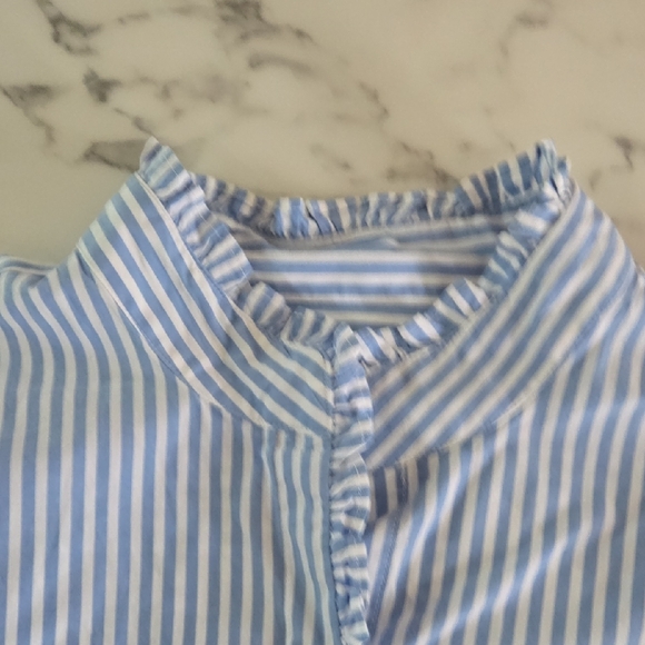 Crown & Ivy Blue White Striped Poplin Shirt Mandarin Collar Coastal Nautical XL - Picture 9 of 9